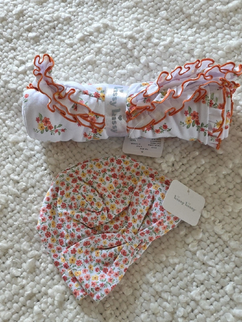 Kissy Kissy White Floral Hat Ruffle Headwrap Set with receiving blanket